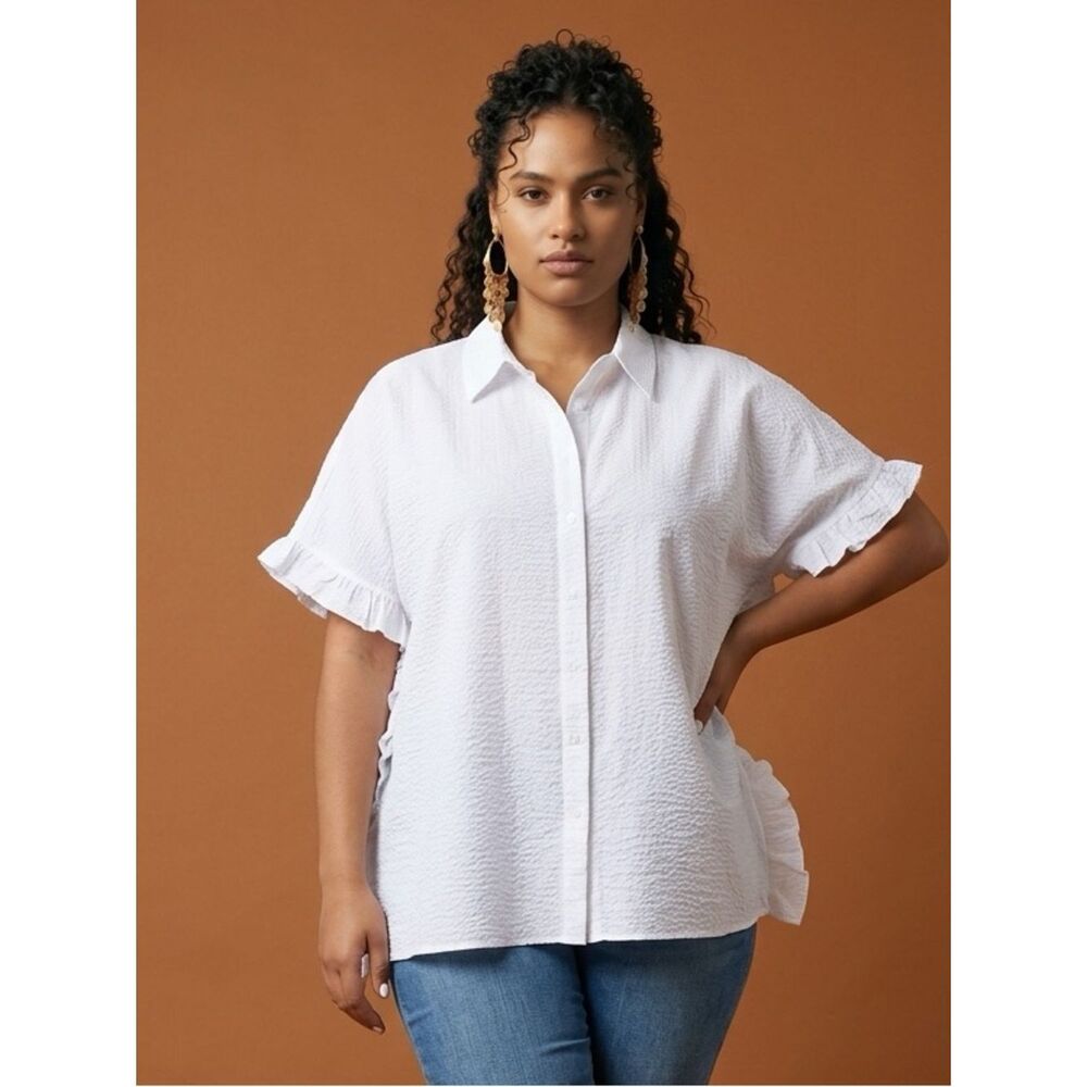 NWT Harshman Women’s Darcy White Seersucker Ruffle Blouse Top Oversized- M